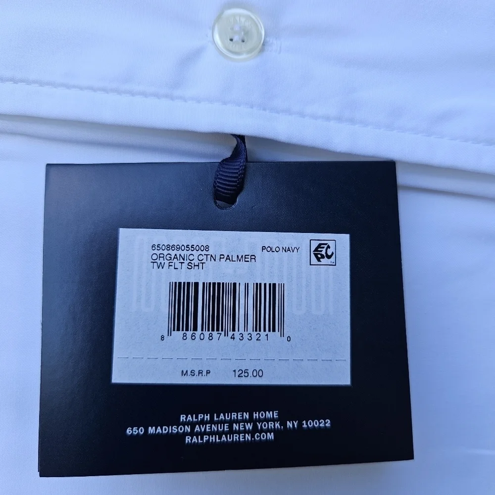 NWT Ralph Lauren Organic Cotton Palmer Percale white twin flat sheet navy piping